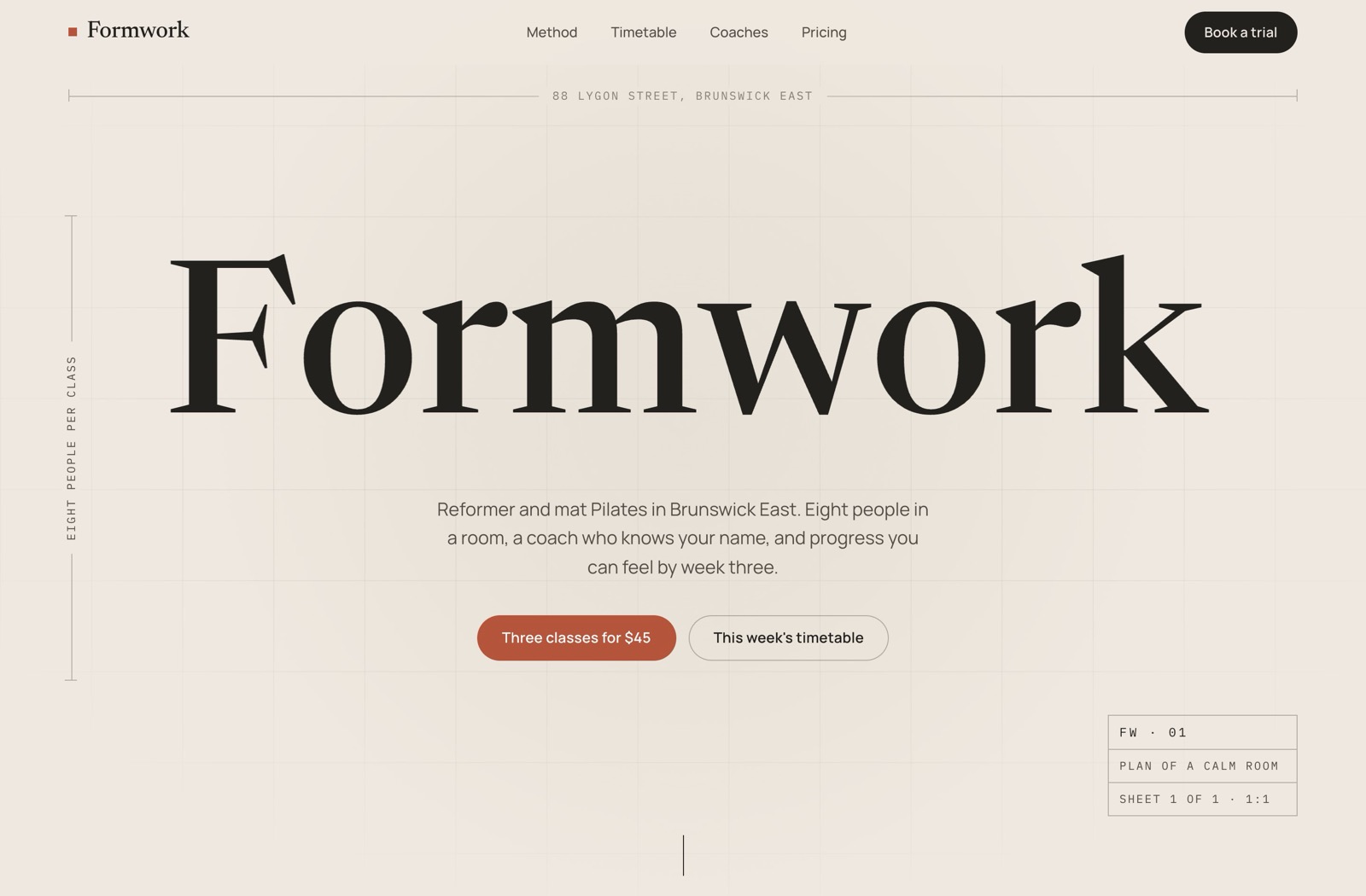 Formwork, a pilates studio concept site in plaster and charcoal with Bodoni type