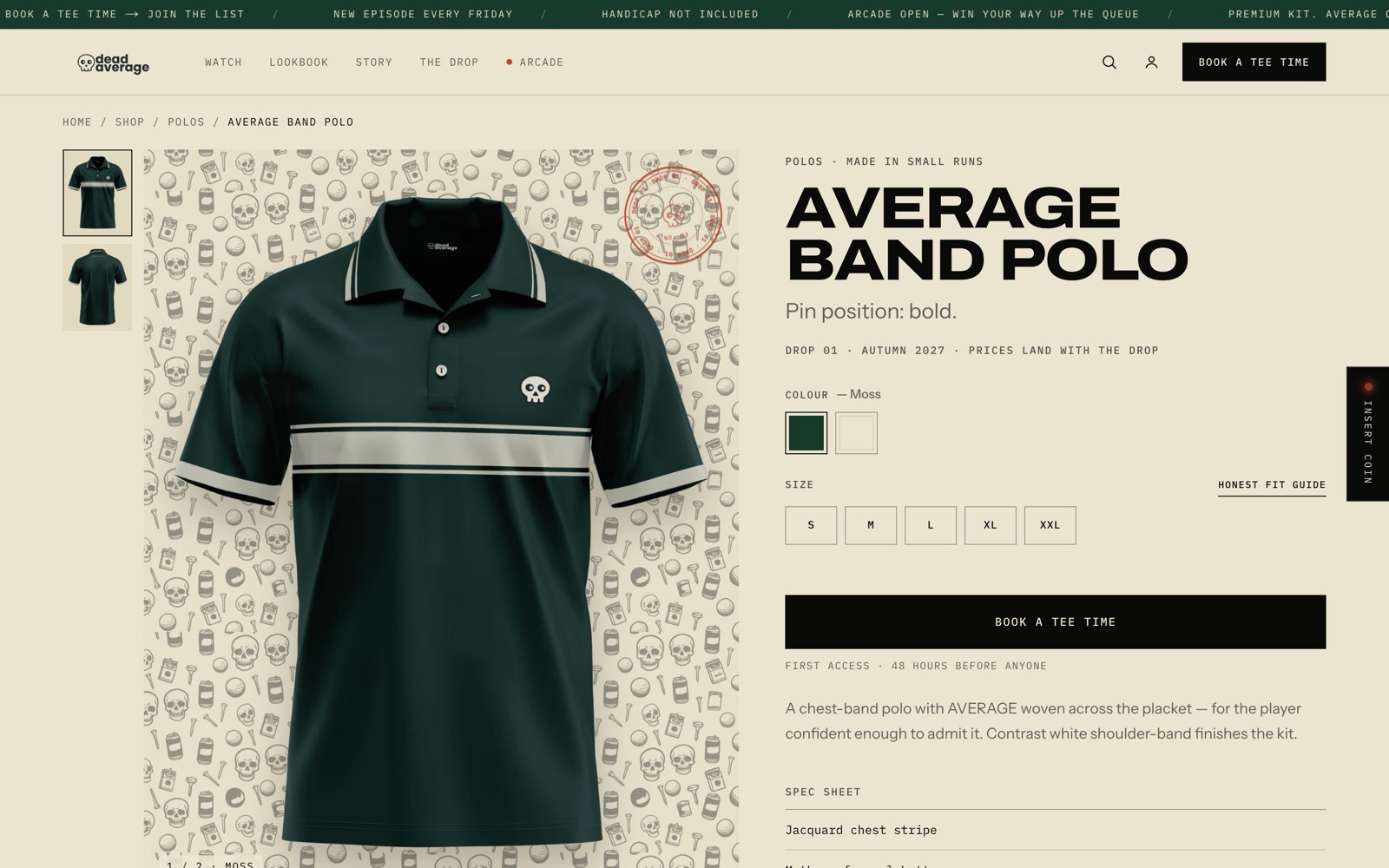 The Average Band Polo product page in pre-launch mode