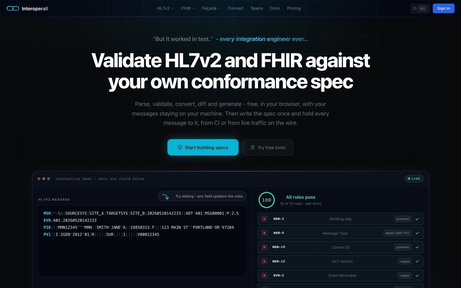 Interoperall landing page with its live validation demo
